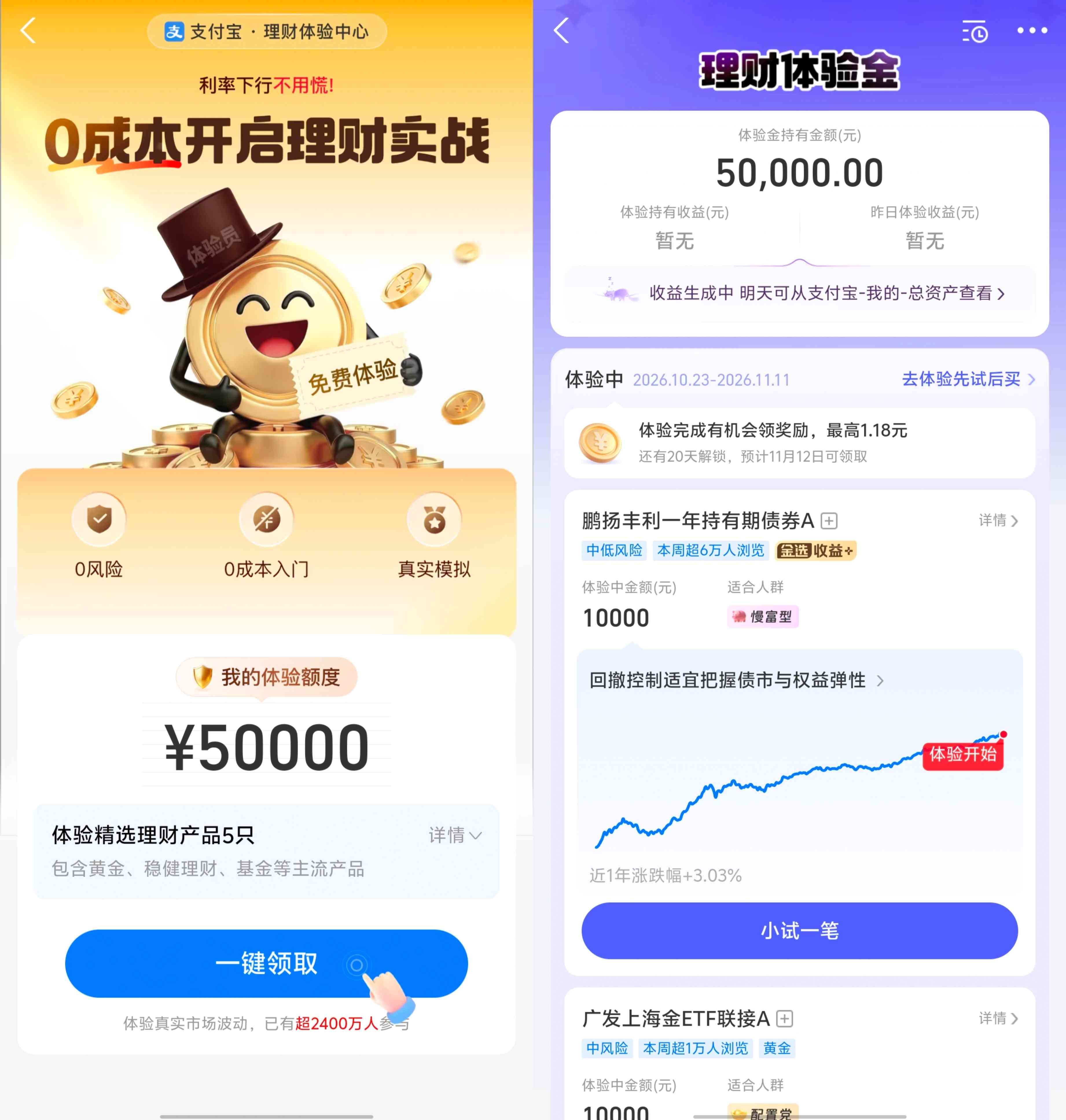 支付宝领取5万基金体验金，可得最高1.18元体验奖励